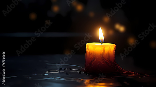 A lonely candle illuminates the foggy room with its beam