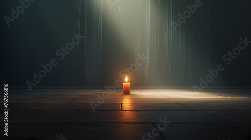 A lonely candle illuminates the foggy room with its beam © xuan