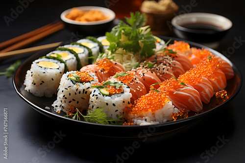 apanese sushi food. Maki ands rolls with tuna, salmon, shrimp, crab and avocado. assorted sushi. Rainbow sushi roll, uramaki, hosomaki and nigiri