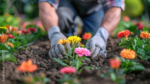 Close up of Gardener Planting Flowers in Garden © hisilly