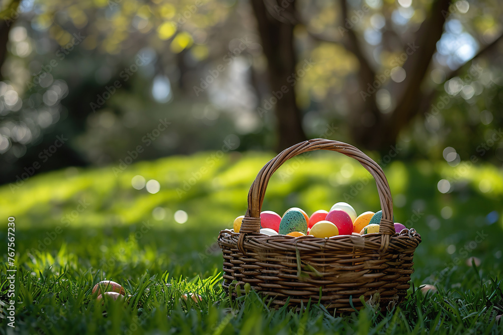 Easter egg hunt basket in spring garden with blooming flowers Easter egg hunt basket in spring garden with blooming flowers