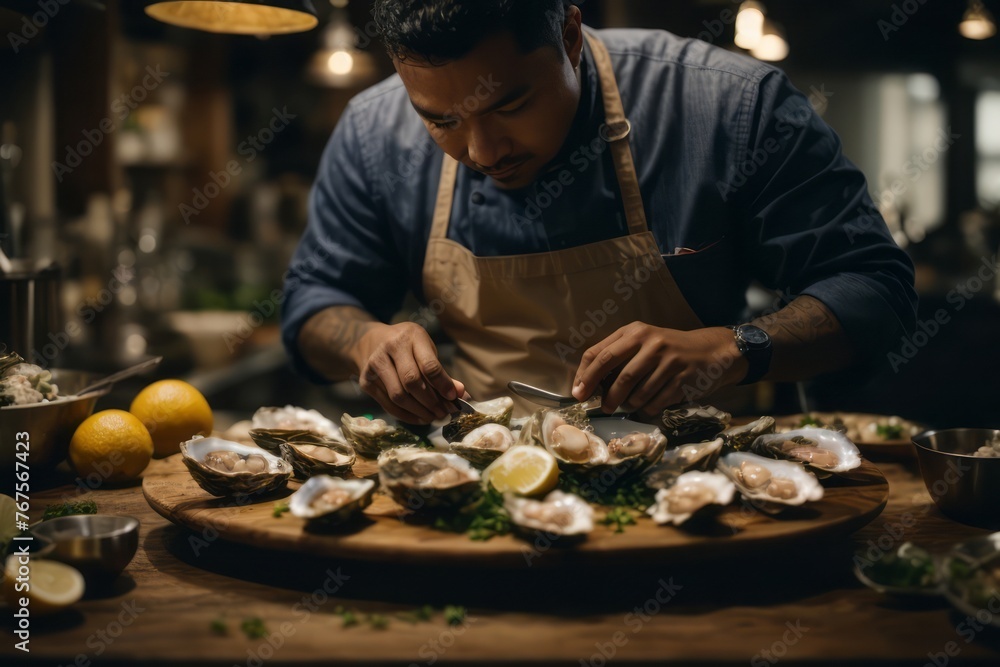 Seafood chef preparing oyster seafood in restaurant kitchen, delicious restaurant food menu