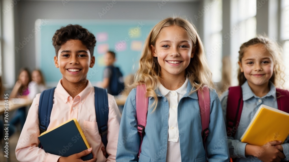 © VistaVisions - Portrait of cheerful smiling diverse schoolchildren standing posing in classroom looking at camera happy after school reopens. Diversity back to school concept