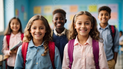 Portrait of cheerful smiling diverse schoolchildren standing posing in classroom looking at camera happy after school reopens. Diversity back to school concept
