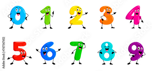 Cartoon funny math number characters for kids mathematics or birthday, vector kawaii. Happy smiling numbers and numeric digits with face for algebra education or arithmetic emoticon and numerals emoji