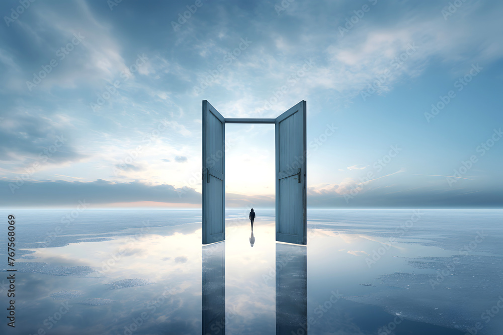 silhouette of a man in an open door in nature. the concept of going through a portal to another world. fantasy of transformation of another dimension of the universe silhouette of a man in an open door in nature. the concept of going through a portal to another world. fantasy of transformation of another dimension of the universe