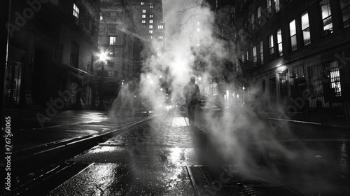 As night falls the city becomes a stark contrast of light and dark. Streetlights cast long shadows on the pavement while the steam rising from sewer grates adds a sense of © Justlight