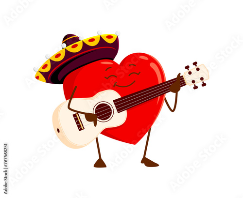 Cartoon love heart musician character in mexican sombrero playing guitar. Isolated vector cute romantic mariachi heart personage celebrate Cinco de Mayo holiday or Valentines day sing romance serenade