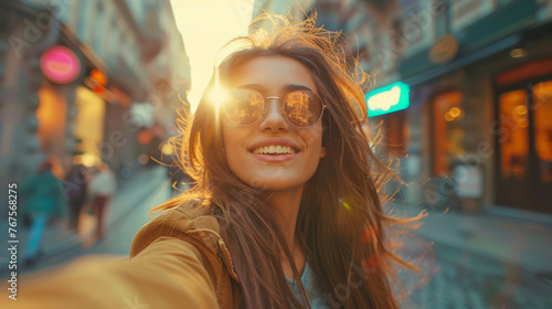 A radiant young woman with sunglasses smiling for a selfie, bathed in the golden sunlight of the bustling city streets.