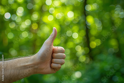 Thumbs up gesture on park greenery background