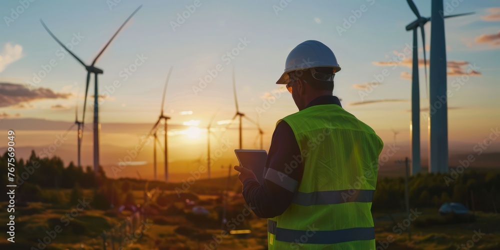 back view of An engineer in a reflective vest and hardhat is inspecting a tablet with wind turbines in the background during sunset. 