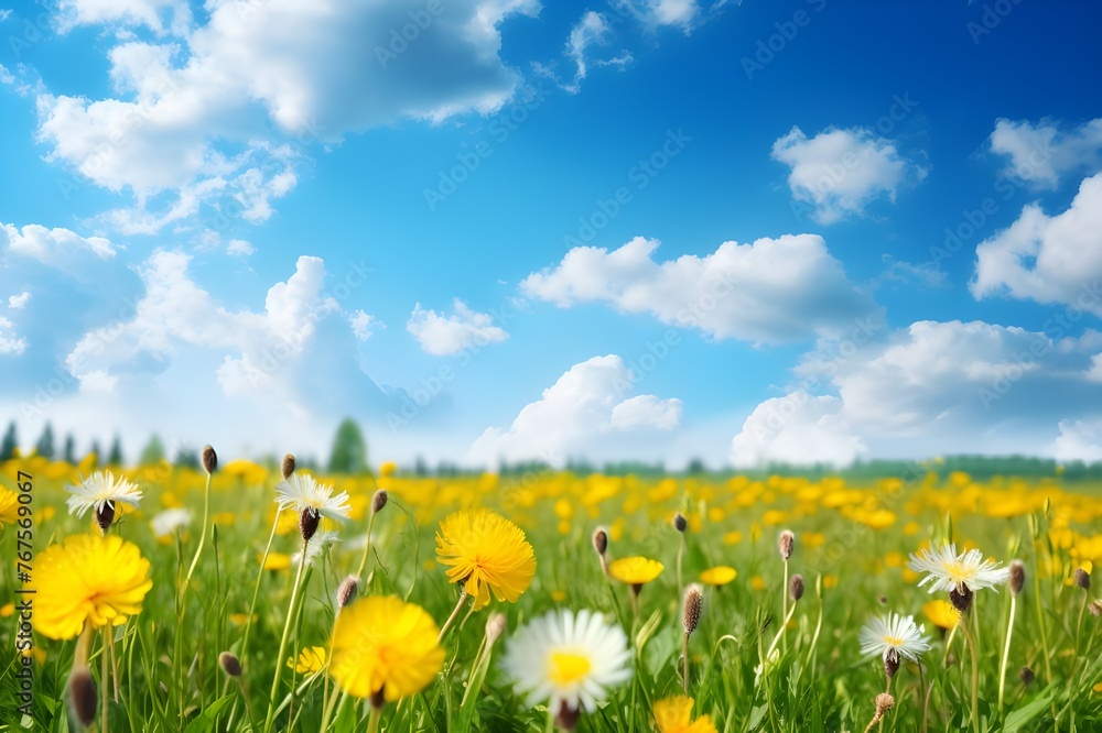Fototapeta premium Lush Grass and Yellow Dandelions in Nature's Embrace - Perfect Summer Day