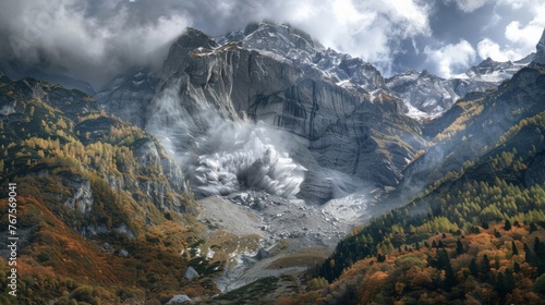 The sight of a landslide in progress is both terrifying and surprisingly stunning. As the earth crumbles and shifts a once familiar mountain becomes a swirling mass of rock photo