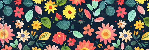 Wallpaper Mural cute cartoon flowers and leaves pattern, generative AI Torontodigital.ca