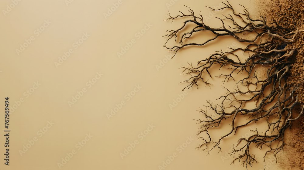 roots arranged neatly on a light brown background with copy space - obrazy, fototapety, plakaty 