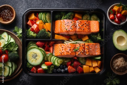 Meal teriyaki salmon with fresh fruit and vegetables. Fitness food, top view
