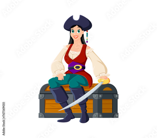 Cartoon woman pirate, sailor and skipper character, boatswain and captain. Fierce corsair or filibuster girl with saber in hand, sits atop a treasure trunk, her eyes gleaming with adventure and fun