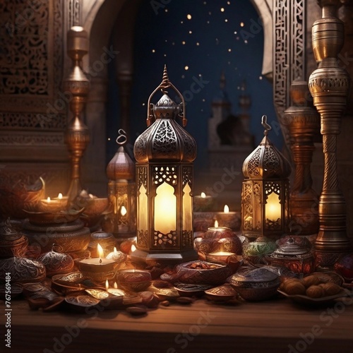  Ramadan festival lantern and props on the table background culture and religion concept