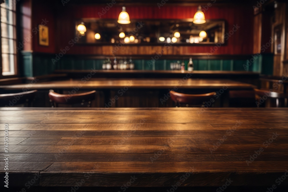 Empty wooden table rustic pub interior in vintage restaurant bar