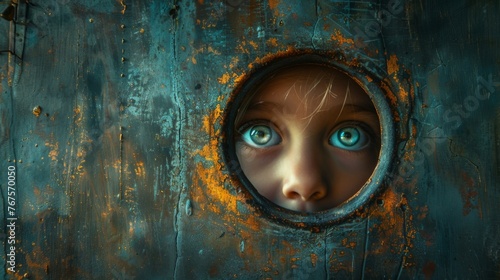 A child peeking through a keyhole discovering a secret world inside a room that changes as soon as they are noticed.