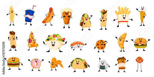 Cartoon cheerful funny takeaway fast food characters. Vector tornado potato, cola, hotdog and beer. Quesadilla, burrito, french fries and ice cream. Pizza, salad, nigiri, cookie with burger, croissant © Buch&Bee