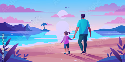 Hand in Hand by the Seaside: A Father-Child Beach Adventure (International Day of Families - May 15th, National Beach Day - August 1st, Go for a Walk in the Park Day - July 1st, Father's Day  © Jkd