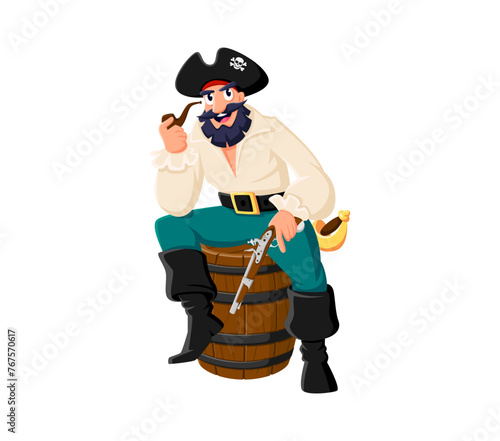 Cartoon sailor and skipper pirate character, boatswain and captain corsair or filibuster with tricorn hat, sits atop wooden barrel, puffing on a smoking pipe, exuding an air of adventure and mischief