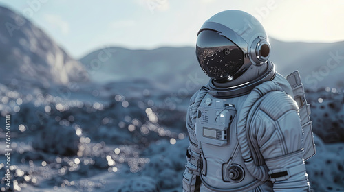 Background for International Human Space. An Astronaut Walks on the Unknown Planet