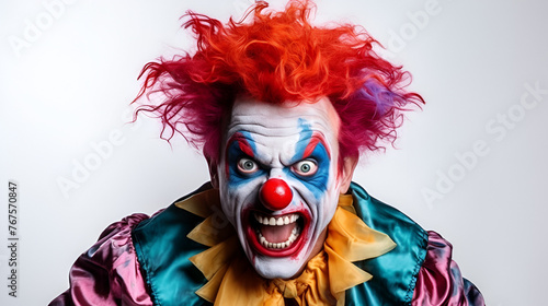 Portrait of a scary crazy looking maniac killer clown with make-up and big red nose with colorful hair and joker outfit. Isolated on white background. 