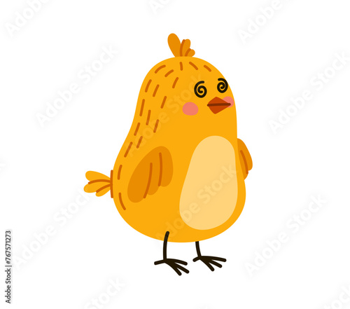 Cartoon cute chick character with fluffy yellow feathers, wide spiral shaped eyes and a mesmerizing hypnotic gaze. Isolated vector adorable and charming baby chicken or hen bird personage on farm