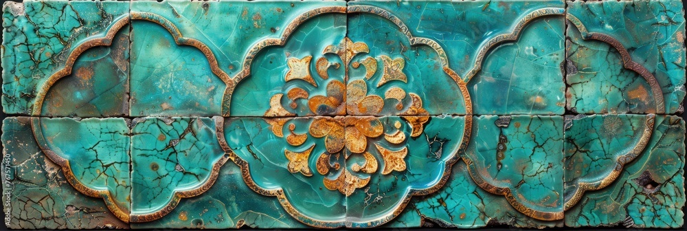 Retro-vintage-arabesque-wallpaper-tile in turquoise. Generative Ai