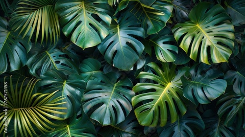 Tropical Palm Leaves Monstera Background Texture, Flat Lay Top View