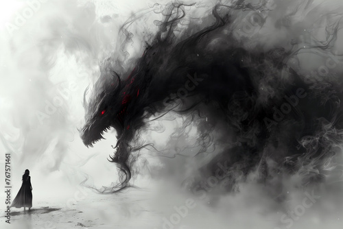 Fears taking over. The embodiment of the dark side inside in the shape of formless black smoke and dark eyes. Smoke Dragon, Smoke Demon. photo