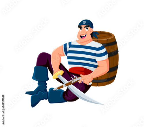 Cartoon sailor or pirate man with saber swords and rum barrel, vector character. Skipper boatswain or captain corsair and filibuster man in pirate bandana with Jolly roger skull and musket pistol gun