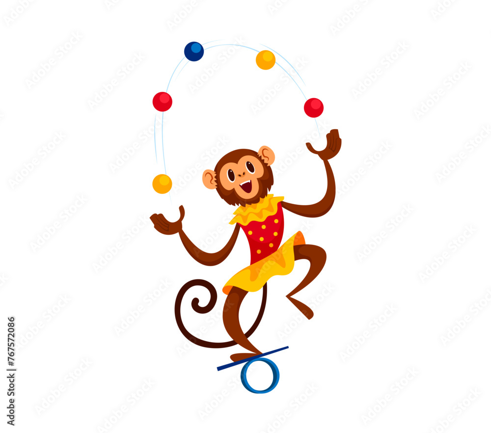 Cartoon shapito circus juggling monkey animal clad in a colorful dress