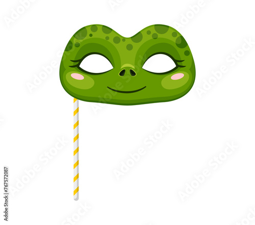 Frog mask for carnival or birthday festival party, vector cartoon costume. Funny frog muzzle face mask on stick for kids birthday or masquerade event and happy zoo animal face props