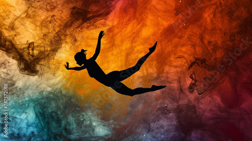 The Silhouette of a Woman Falling Set Against a Colorful Cloudy Abstract Background