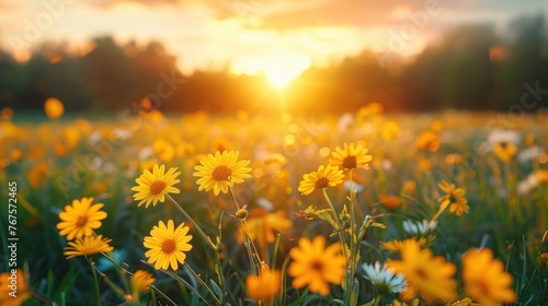 Golden Hour Tranquility  Soft Focus Sunset Landscape with Yellow Flowers  Grass Meadow  and Blurred Forest Background