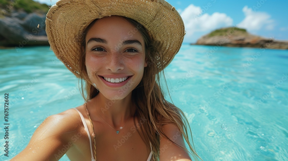 Woman Wearing Straw Hat in Water