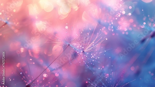 Dandelion Seeds Parachuting on Abstract Blurred Nature Background with Bokeh Pattern