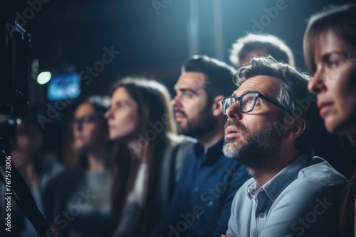 Group of people are sitting in dark room, watching something on screen