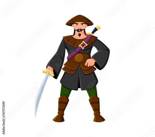 Cartoon pirate or sailor skipper character, boatswain or captain corsair, vector filibuster. Caribbean pirate man with sword in corsair armor costume, Asian pirate buccaneer or filibuster character