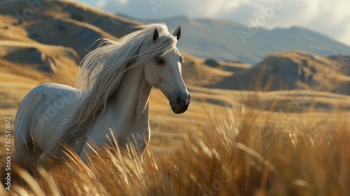 White horse is running through field of tall grass