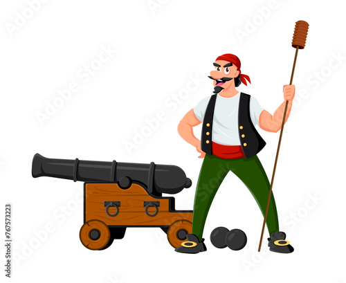 Cartoon pirate and corsair gunner character with cannon. Isolated vector swashbuckling sailor brandishes a gun charging stick with a mischievous grin, fiercely aims a cannon, ready for sea adventures