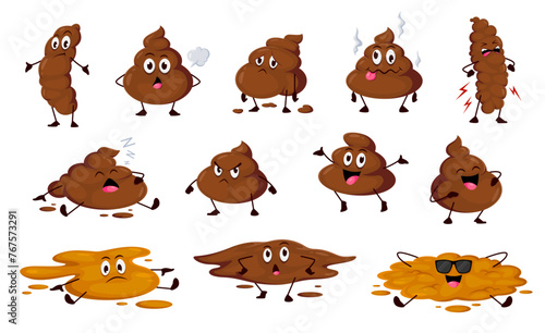 Poo happy, angry, sleeping and foolish cartoon emoji. Excrement cartoon personages, foolish toilet shit isolated vector emoticon or poop cute characters. Sad, angry and happy poo funny emoji set photo