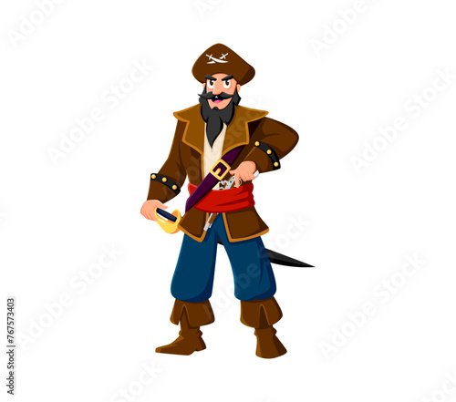 Cartoon sailor and skipper pirate character, boatswain and captain corsair or filibuster in tricorn hat. Isolated vector rover personage holding saber, ready for sea adventures and treasure hunts