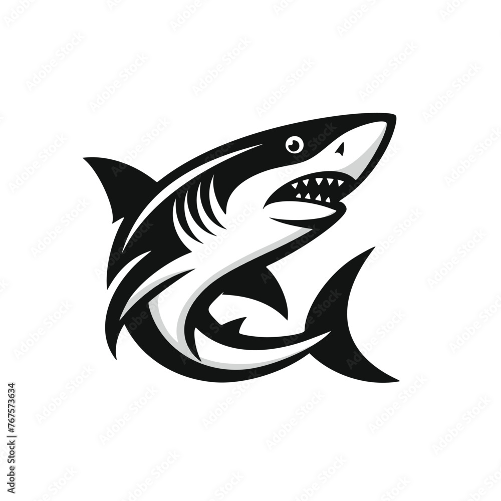 Naklejka premium Black and white logo of a swimming shark. vector logo of a predator fish isolated on white background.