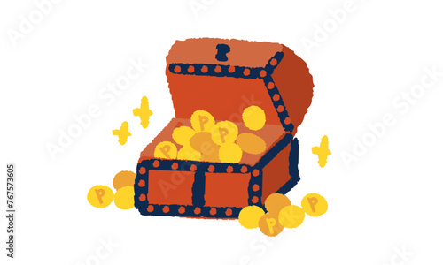 ポイントやコインと宝箱の手描きイラスト
