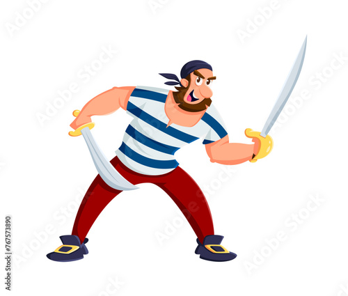 Cartoon pirate and corsair sailor character. Isolated vector personage with cunning grin and beard, wearing striped vest, brandishing gleaming swords, ready for high-seas adventure and daring exploits