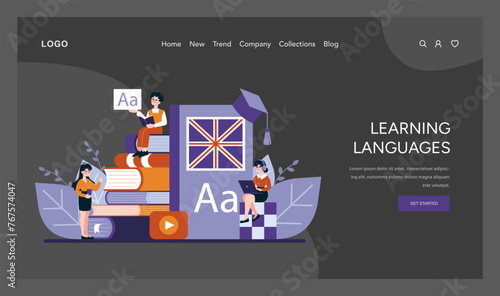 Enthusiastic learners delve into linguistics with books and digital aids, showcasing the joy of learning new languages